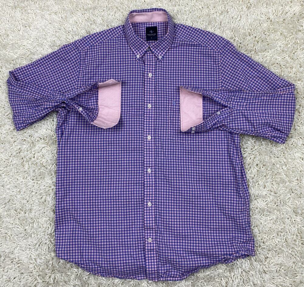 Tailorbyrd Collection Mens Gingham Check Shirt Size L Purple Pink Long Sleeve